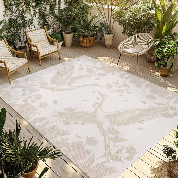 Beige Crane Silhouette Outdoor Rug for Patio/Deck/Porch, Non-Slip Large Area Rug 3 x 5 Ft, Modern Abstract Flowers Botanical Indoor Outdoor Rugs Washable Area Rugs, Camping Rug Carpet Runner