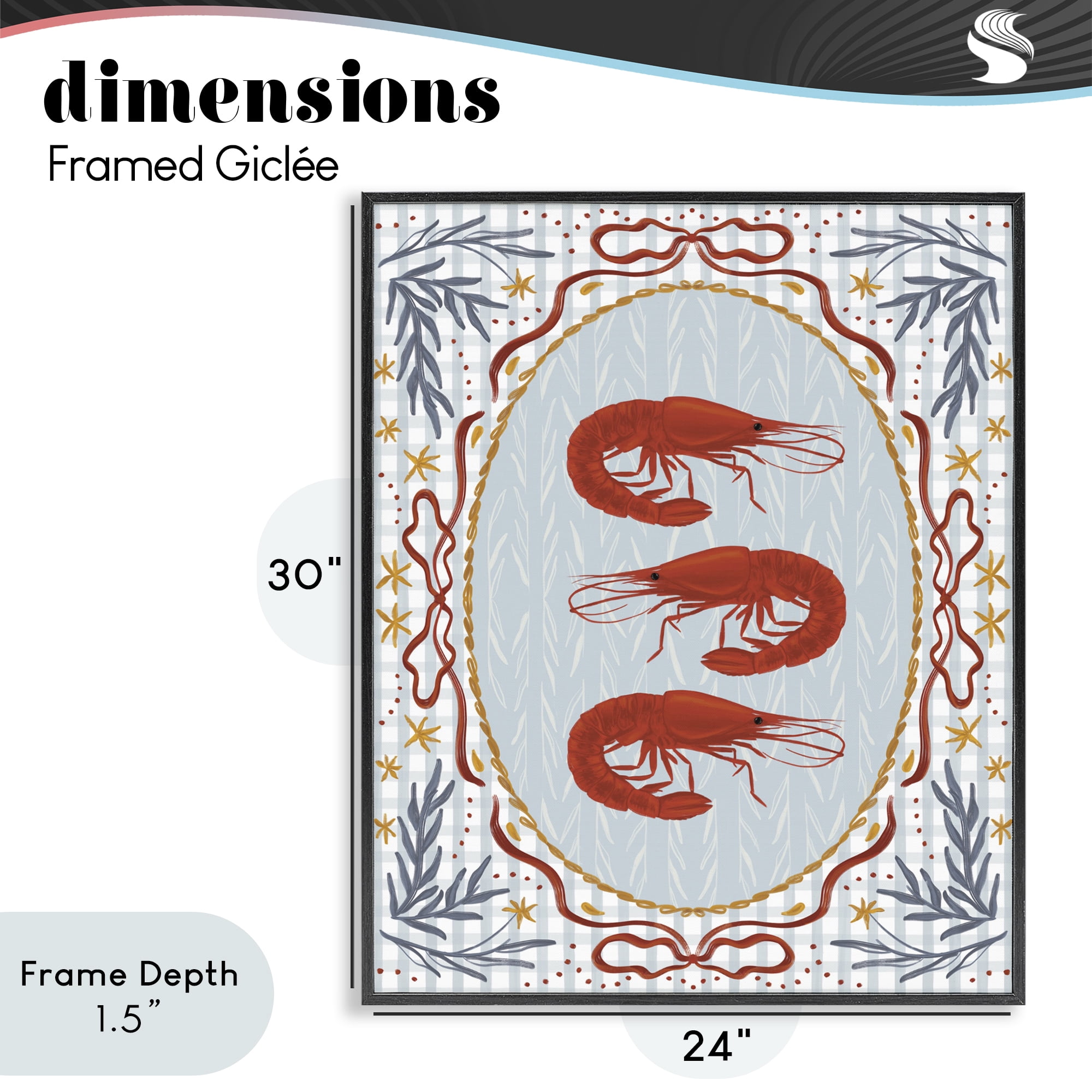 Stupell Industries Three Red Prawns on Gingham Black Framed Giclee Art, design by Vero Illustrates