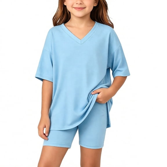 SGFCWSX Girls 2 Piece Outfits V Neck Oversized Short Sleeve T-shirt and Biker Shorts Set Summer Casual Soft Loungewear for Teens Light Blue Size 15