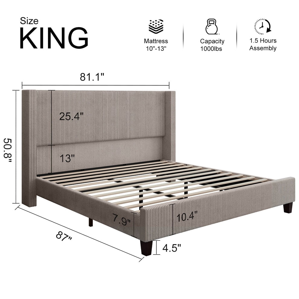 Papajet King Size Upholstered Platform Bed Frame, Wingback Bed with 50.8" Headboard, Corduroy Taupe