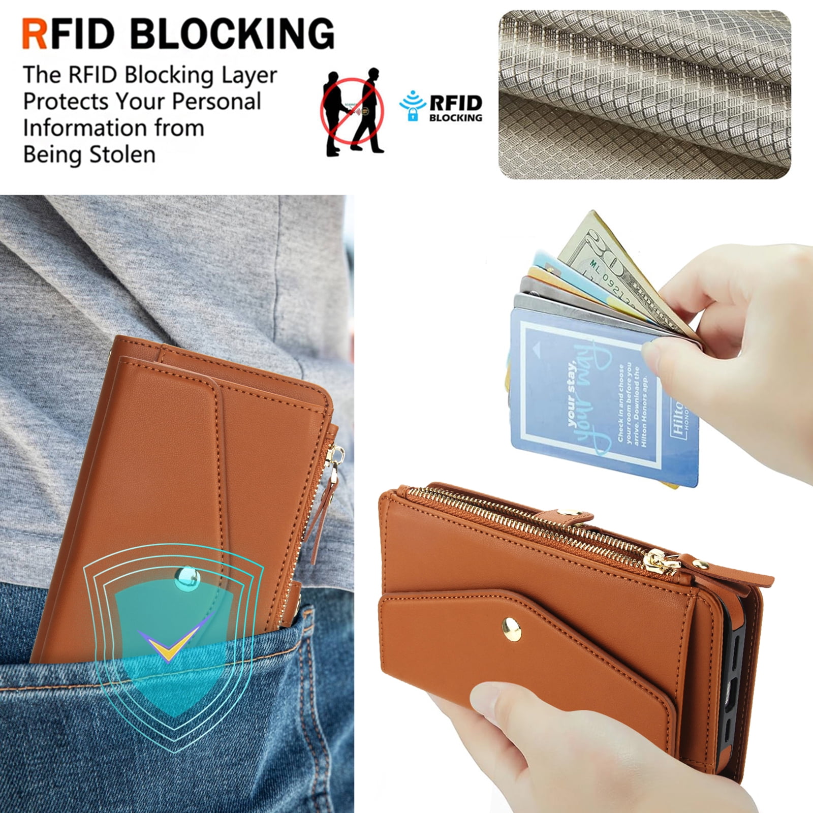 Dteck Crossbody Wallet for iPhone 14 Pro Max with Detachable Magnetic Phone Case, Compatible with MagSafe, RFID Blocking PU Leather Flip Cover Wrist Strap Zipper Card Holder Slots,Brown