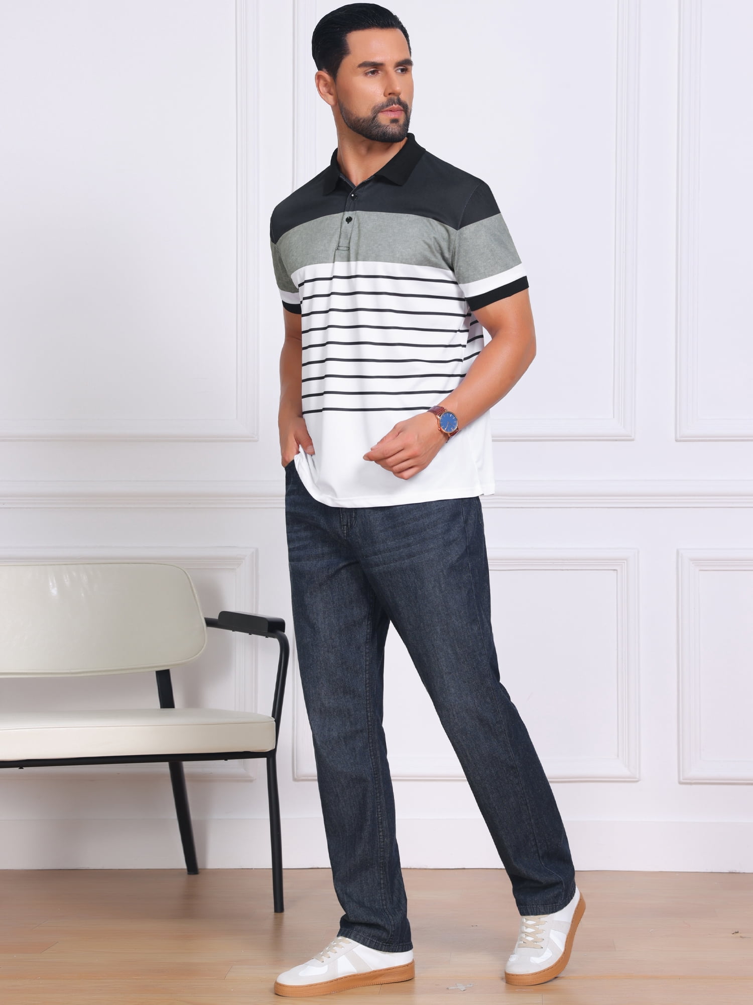 DARING DIVA Men's Colorblock Striped Short Sleeve Three Button Polo Shirts L Black White
