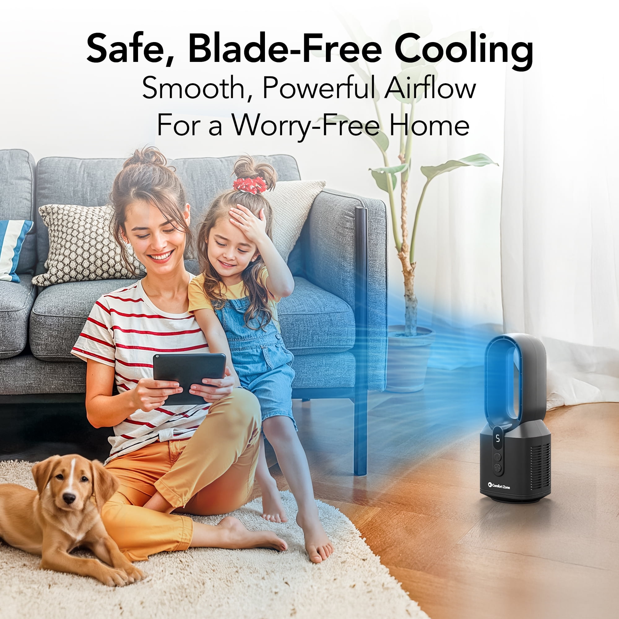Comfort Zone 14" Rechargeable Bladeless Tabletop Fan, Black