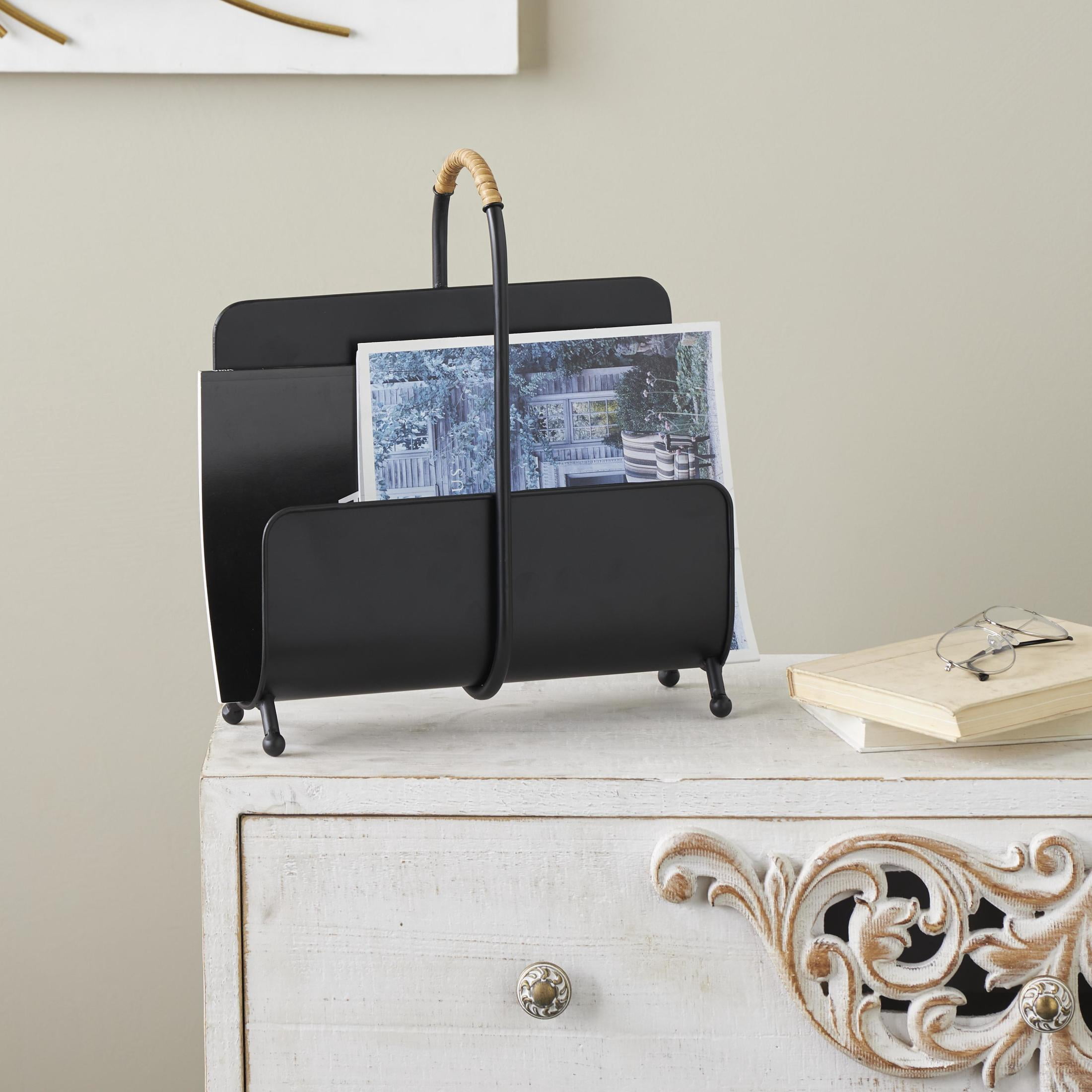 DecMode 15" Black Metal Matte Curved Magazine Holder with Rattan Loop Handle