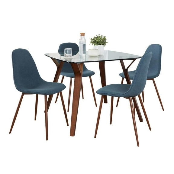 LumiSource Walnut Wood, Clear Glass, Grey Fabric Folia Square Pebble Dining Set - 5 Piece