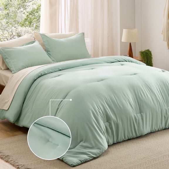 King Size Comforter Set Sage Green, 7 Pieces Lightweight King Bedding Sets Boho with Comforter, Sheets, Pillowcases & Shams, Contrasting Design