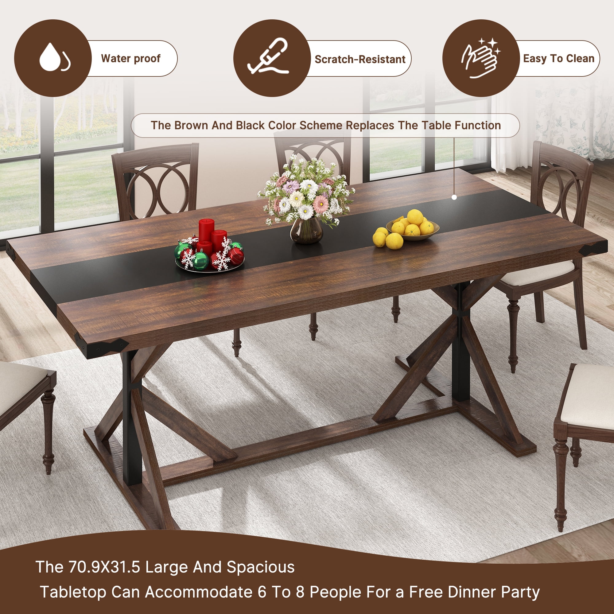 Blotout 71" Modern Farmhouse Dining Table for 6-8 Person, Rectangular Wood Dining Table with Adjustable Feet, Kitchen Table for Dining Room, Gathering, Kitchen (Brown)