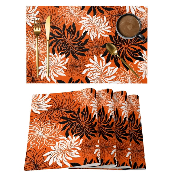 Orange Black Flowers Placemats Set of 6 Modern Abstract Blooms Floral Place Mats Indoor Wipeable Table Mats Washable Cloth Dining Table Placemats for Kitchen Holiday Party Home Decor 13x19 Inch