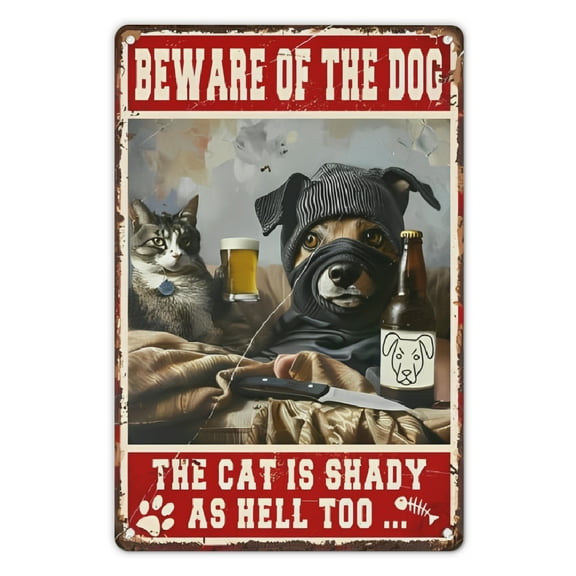 1pc Funny Retro Metal Tin Sign Wall Art - "Beware of The Dog & The Cat Is Shady Too" Vintage Humorous Decor for Home, Bar, - Durable Iron Wall-Mounted Plaque, No Electricity Needed, Perfect for Ha
