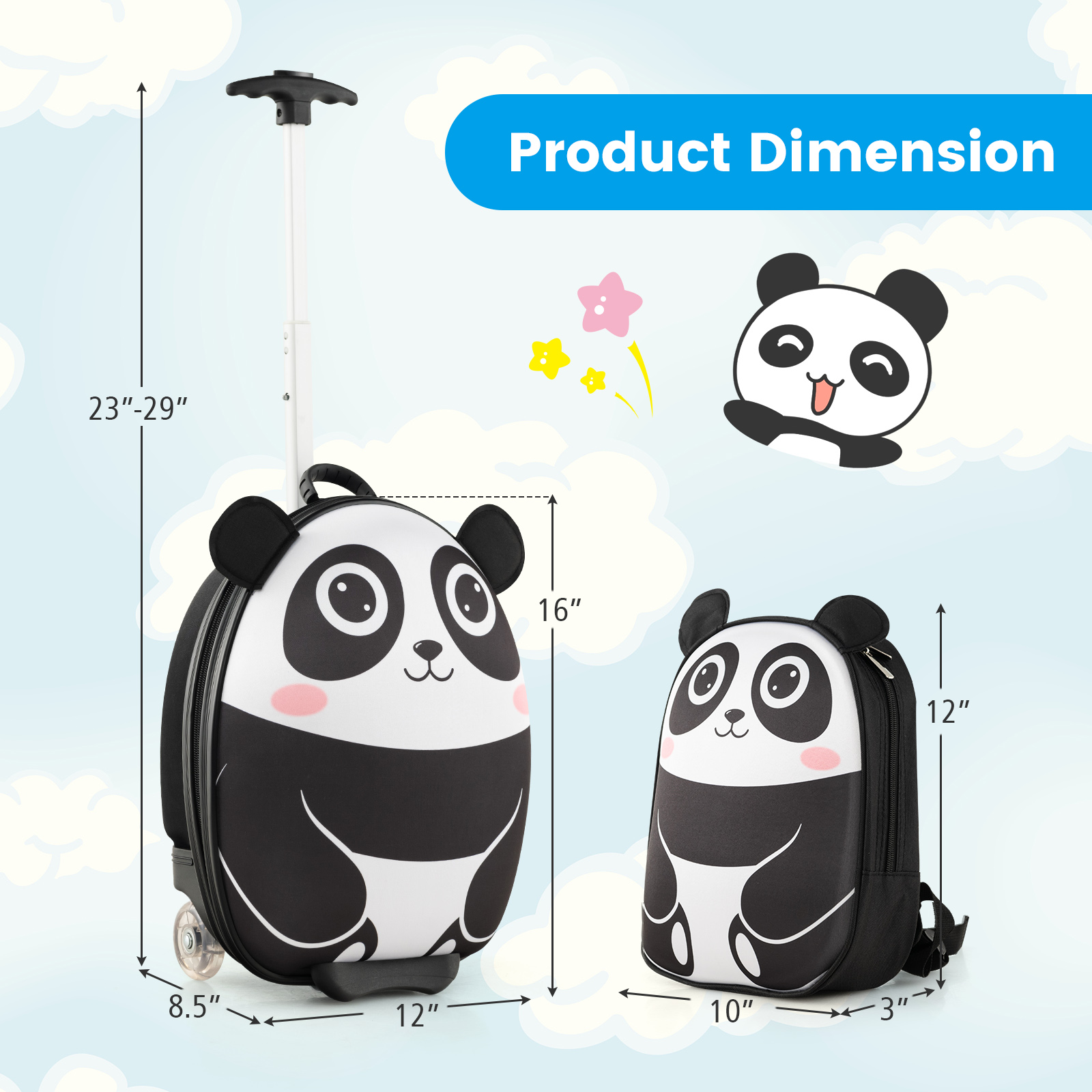 Infans 2PCS Kids Carry On Luggage Set 16" Panda Rolling Suitcase w/ 12" Backpack Travel