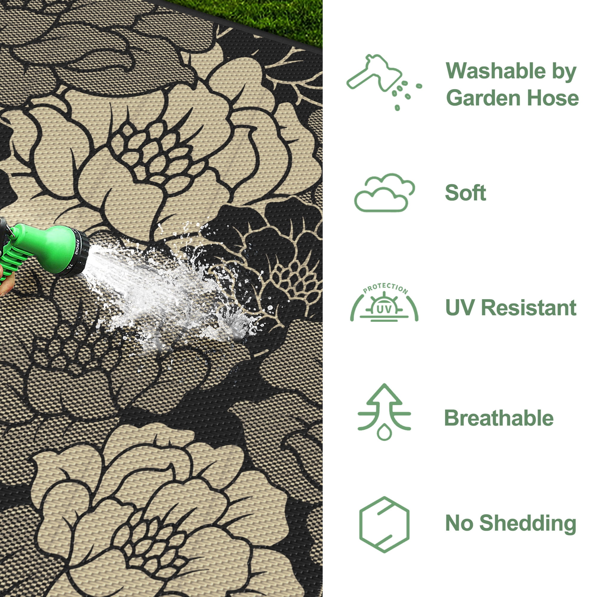 KUETH 8'x 10' Outdoor Rug Plastic Waterproof Outside Foldable Flower Mat UV Resistant Patio RV Deck Carpet,BLACK BEIGE