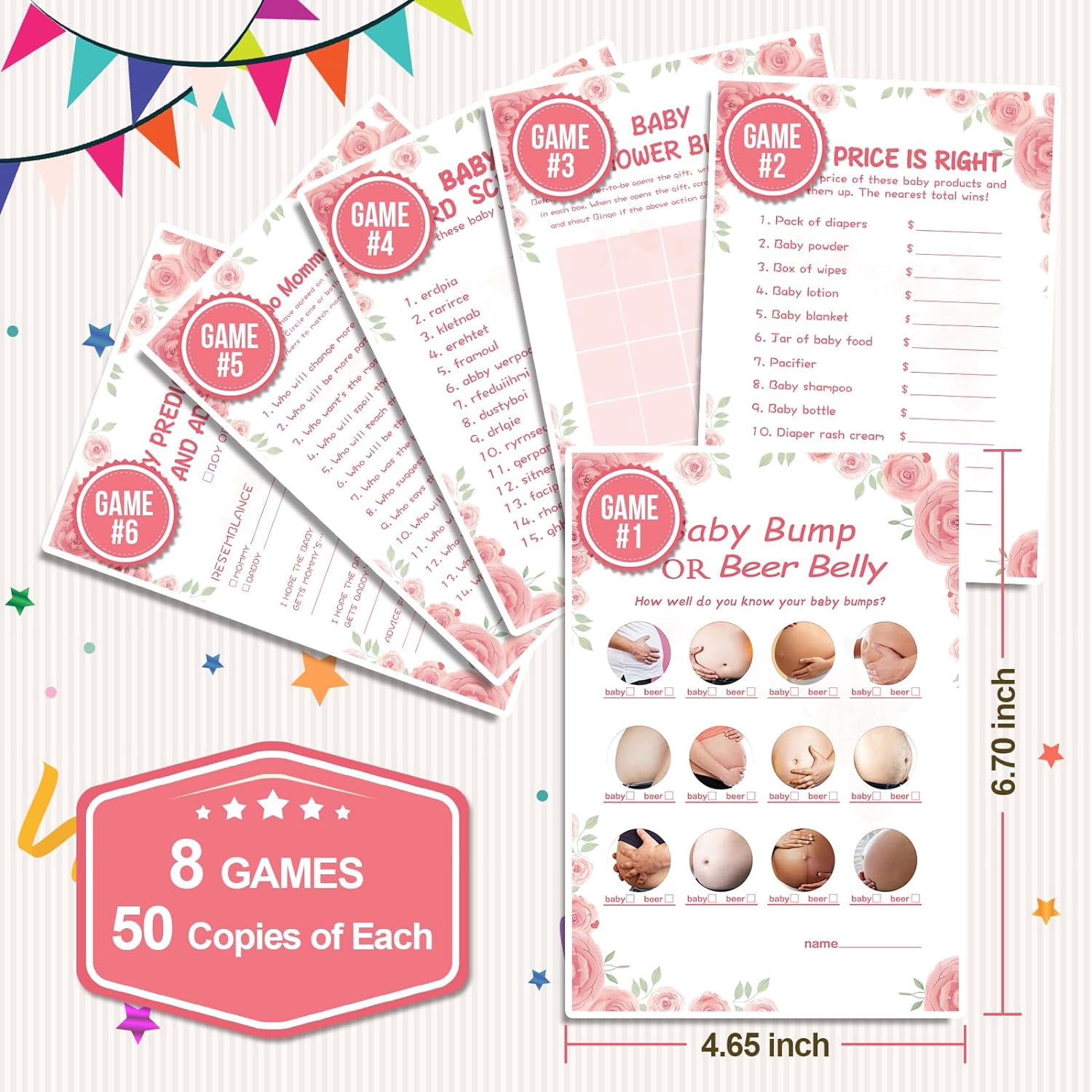 Baby Shower Games for Girl-8 Games,Fun and Easy to Play,Includes Baby Shower Bingo,Price is Right,Guess Who Mommy or Daddy,Word Scramble,Prediction and Advice,How Big is Mommys Belly,Pacifier Hunt