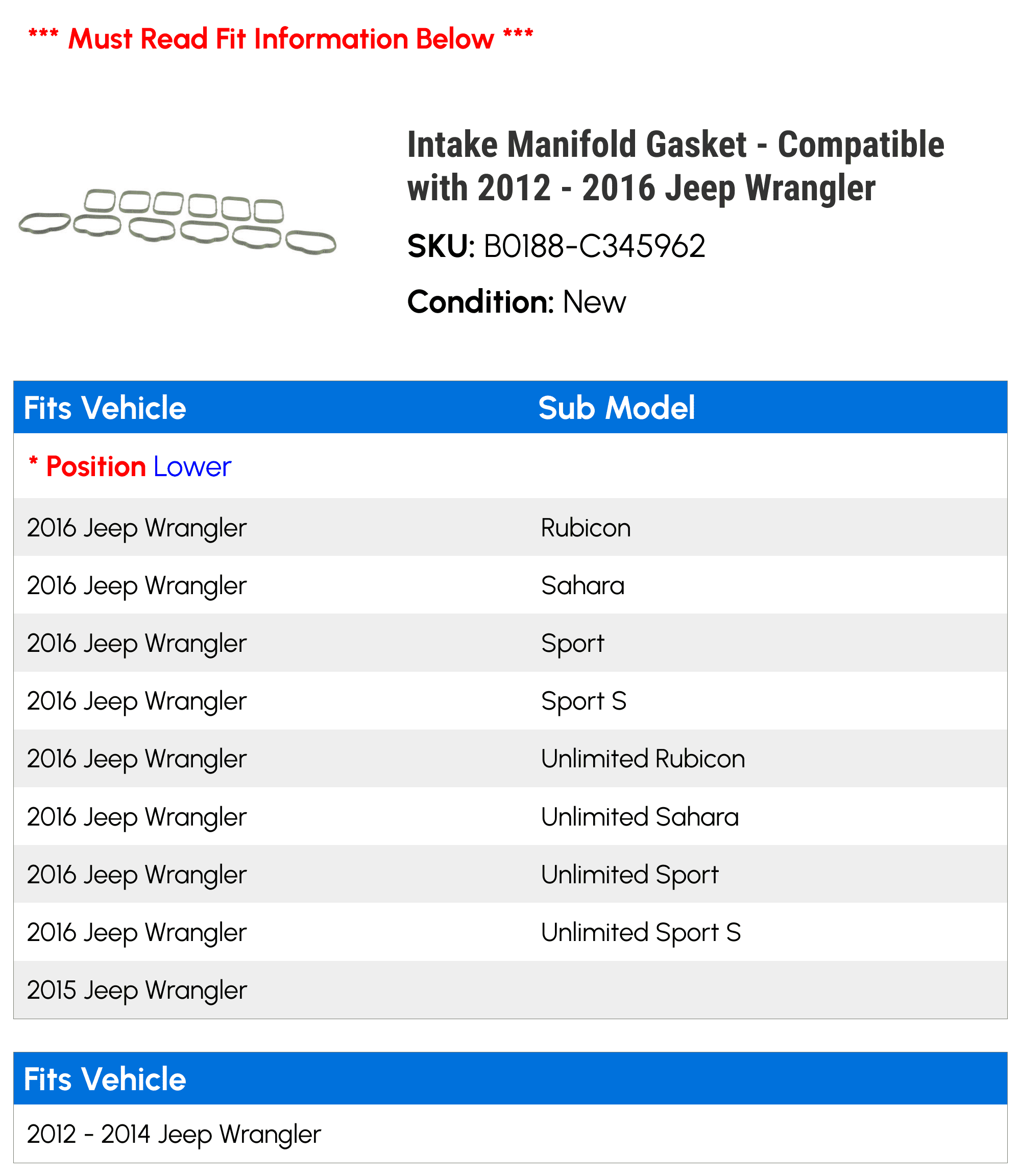 Intake Manifold Gasket - Compatible with 2012 - 2016 Jeep Wrangler 2013 2014 2015