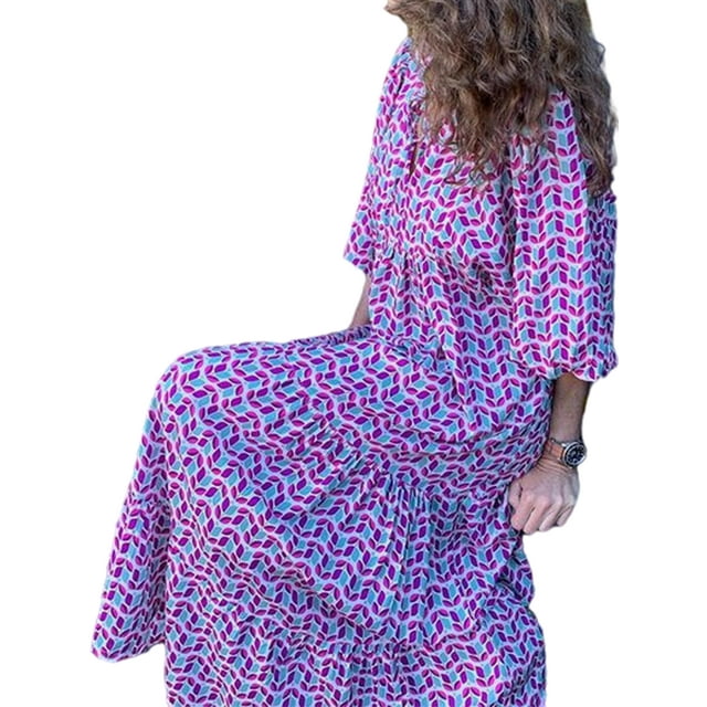 LUXUR Robe Maxi pour Femmes Été Évasée Imprimée Froncée Manches Bouffantes Kaftan Cyan S