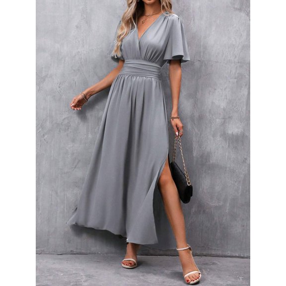 Grey V-Neck Butterfly Sleeve High Slit Maxi Dress With Belted Waist For Women