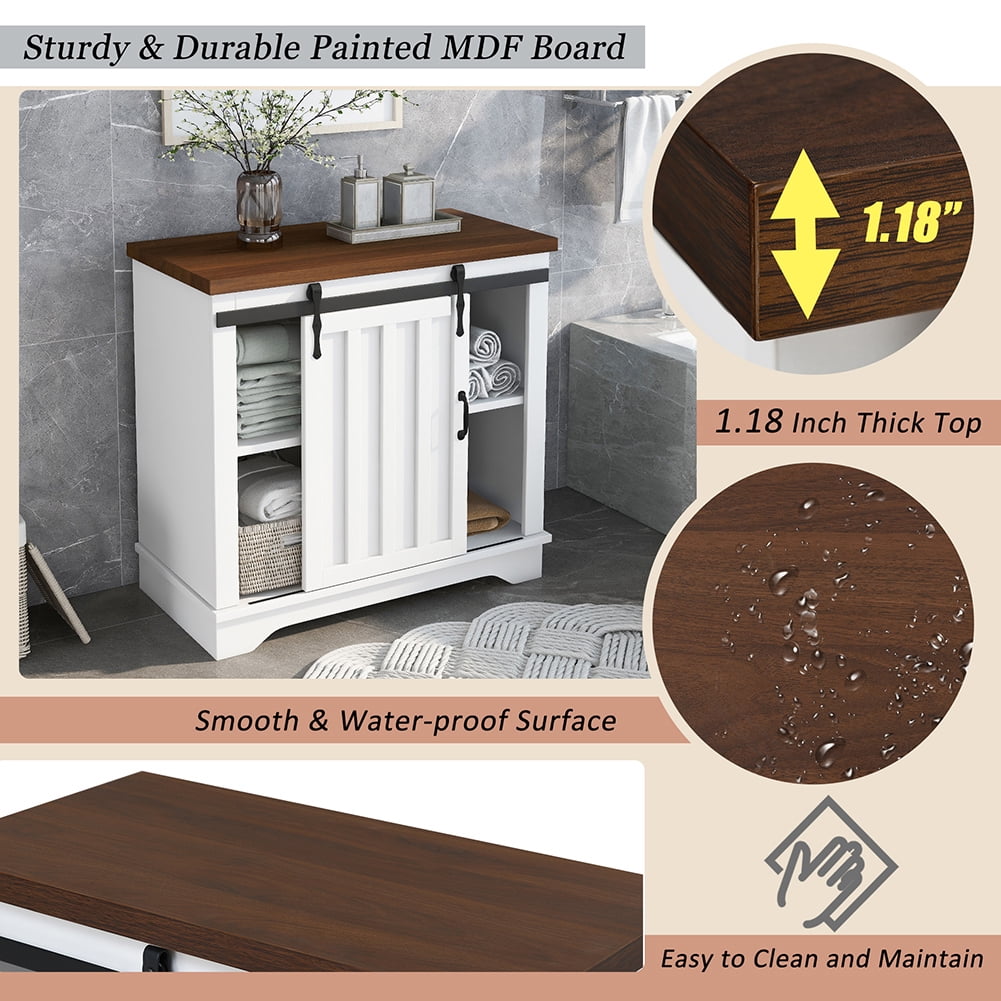 Resenkos Freestanding Bathroom Storage Cabinet,White Sliding Barn Door, Thick Top, Adjustable Shelf, White and Brown Resenkos Freestanding Bathroom Storage Cabinet,White Sliding Barn Door, Thick Top, Adjustable Shelf, White and Brown
