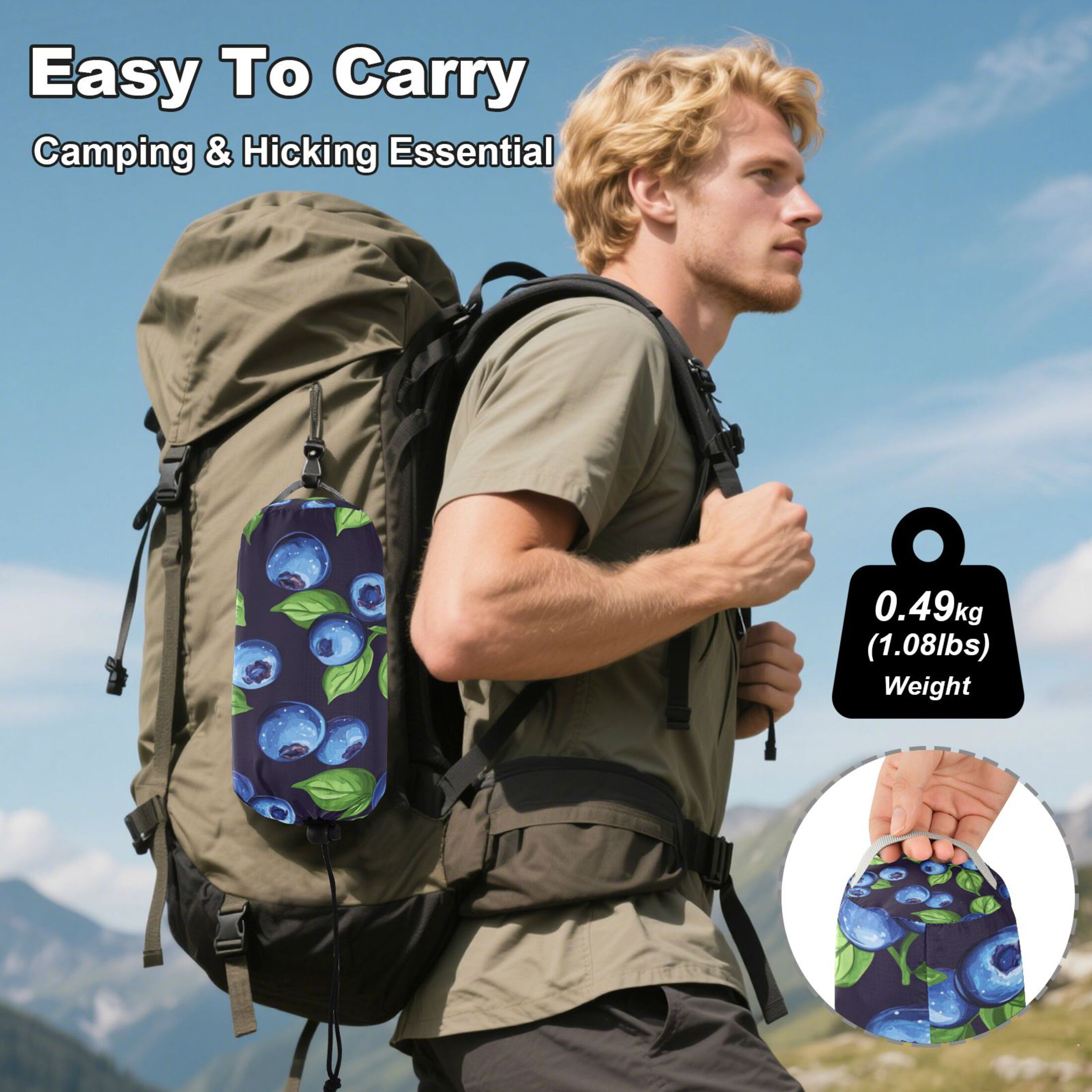 Portable Outdoor Camping Hammock Travel Hammock Ideal for Backpacking, Hiking, and Travel Blueberry with Leaves