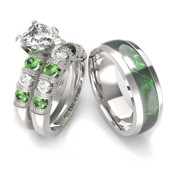 Wedding Ring Sets His And Hers Couples Women 925 Sterling Silver Green Moissanite Man Titanium Wedding Bands