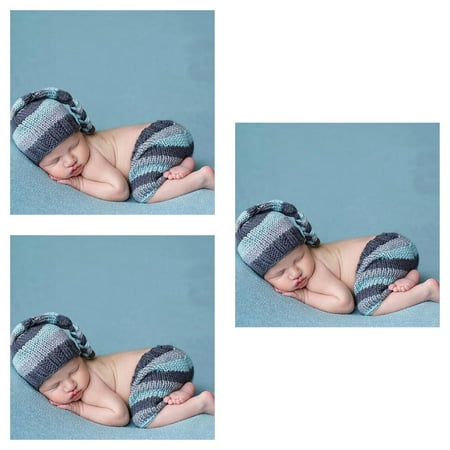 

3pcs Blue Elastic Breathable Handmade Crochet Knitted Newborn Baby Photography Outfits Photo Prop