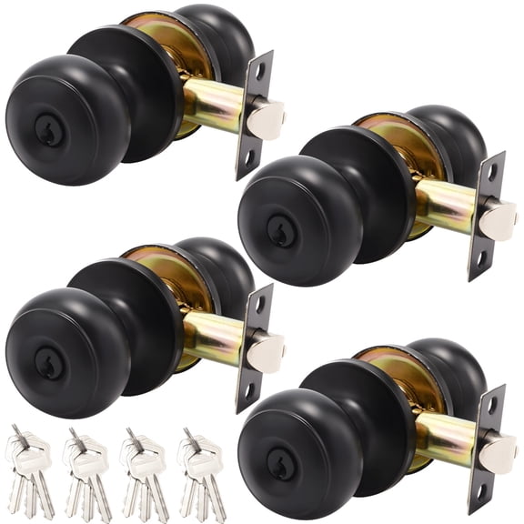 4 Pack Door Knobs with Locks, Matte Black Keyed Entry Door Knob Set for Interior/Exterior, Easy Install Bedroom Bathroom Privacy & Security Lock