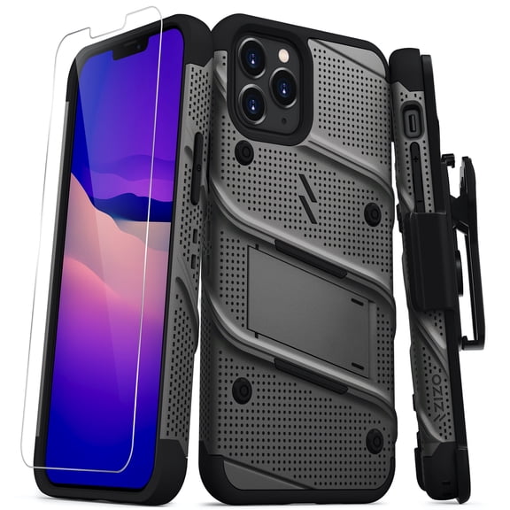 ZIZO BOLT Series for iPhone 12 / iPhone 12 Pro Case with Screen Protector Kickstand Holster Lanyard - Gun Metal Gray