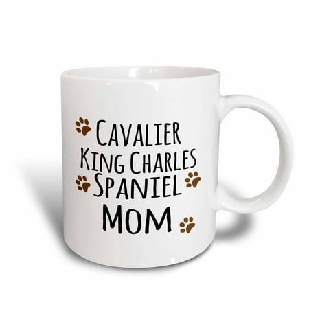 Tri Cavalier King Charles Spaniel - 3dRose Cavalier King Charles Spaniel Dog Mom - Doggie by breed - brown muddy paw prints - doggy lover owner, Ceramic Mug, 11-ounce