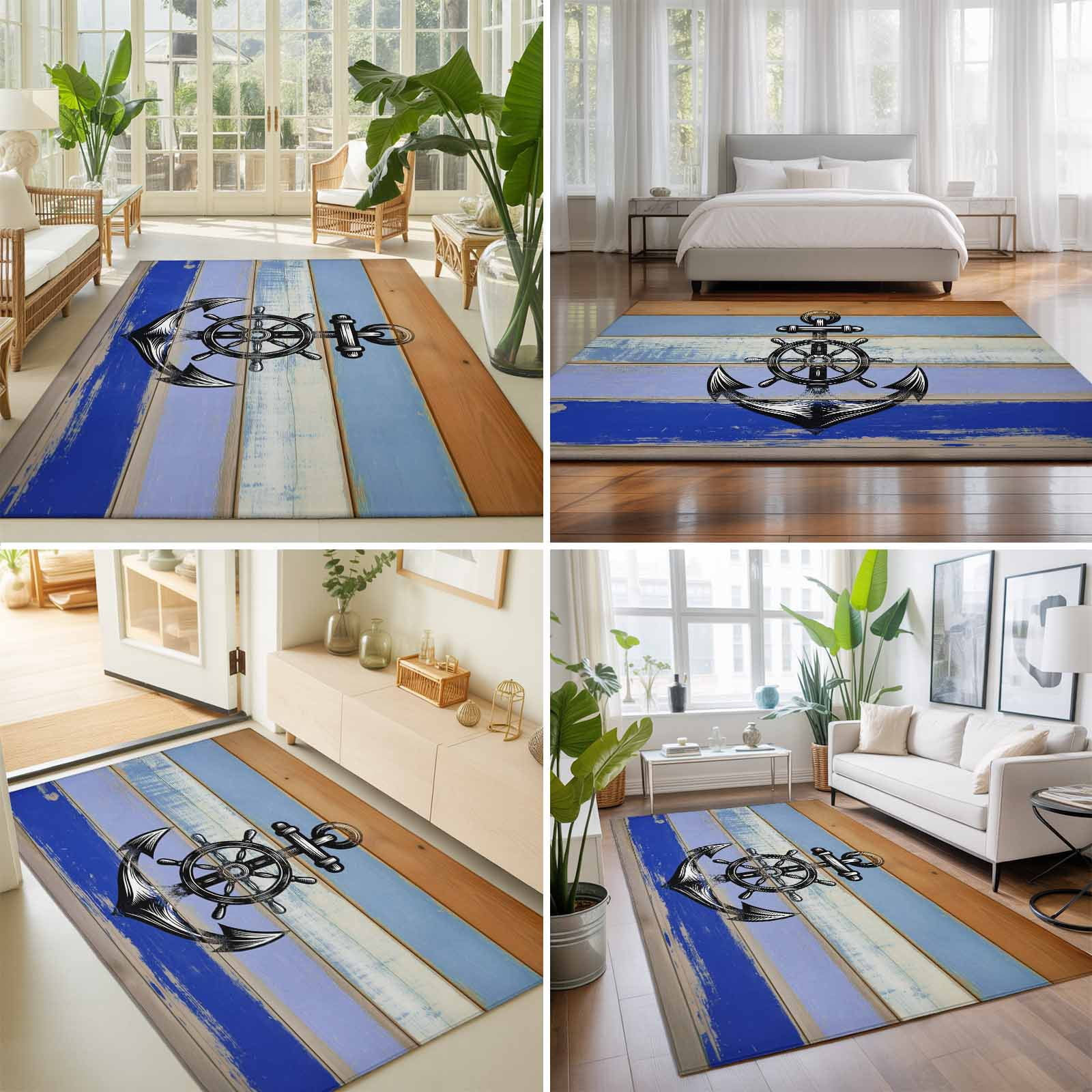 Large Area Rugs 5'x8', Nautical Anchor Carpet Runner Indoor Outdoor Rugs Home Decor Aesthetic, Vintage Navy Blue Wooden Boards Country Non Slip Mats Washable Accent Rug for Living Room Bedroom