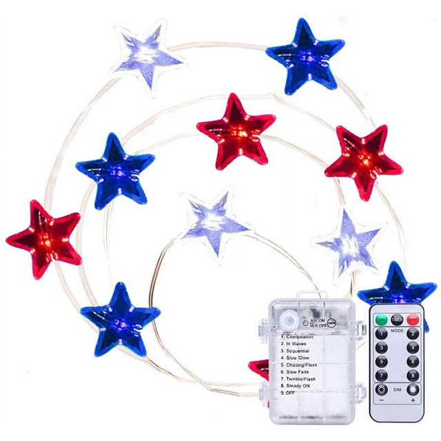 Lámpara de estrella con forma de estrella de cinco puntas con bandera del Día de la Independencia de Estados Unidos, cadena de luces LED, caja de batería, lámpara decorativa