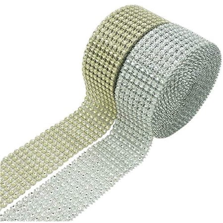 HTCM 2 Rolls 8 Row x 5 Yard Gold Rhinestone Ribbon Mesh Diamond Bling ...