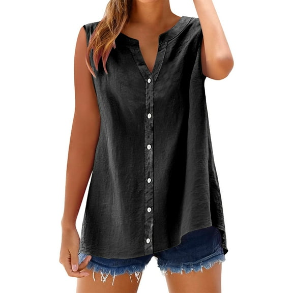 Camisole Tops For Women Casual Black Cotton Linen Shirts For Sleeveless Collared Oversized Up Blouses Work Shirts Summer Tops For Women