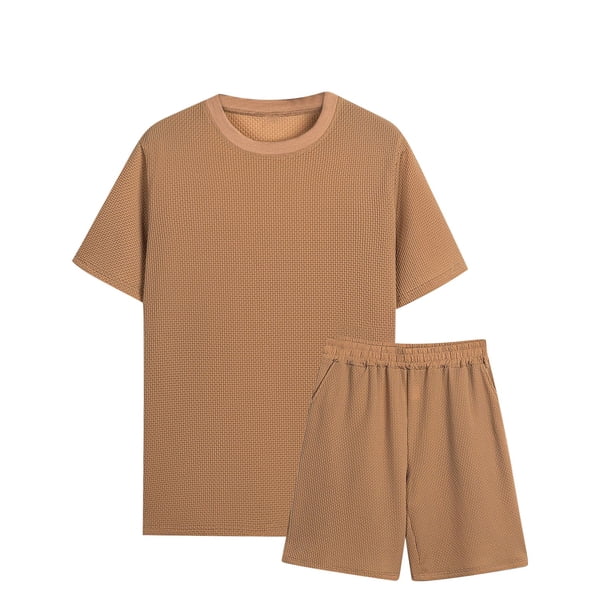 Camisas Casuales de Manga Corta de los Hombres Cuello Redondo Y Pantalones Cortos, Color Sólido de la Playa de Dos Piezas para las Vacaciones Y Diario
