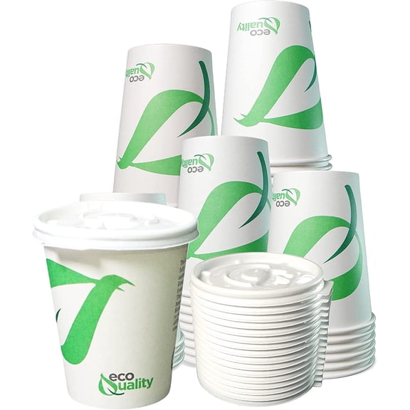 EcoQuality 12 oz Paper Cups with Flat Lids, White, Disposable, PLA Lined, Hot and Cold Drink Cups (25 Count)