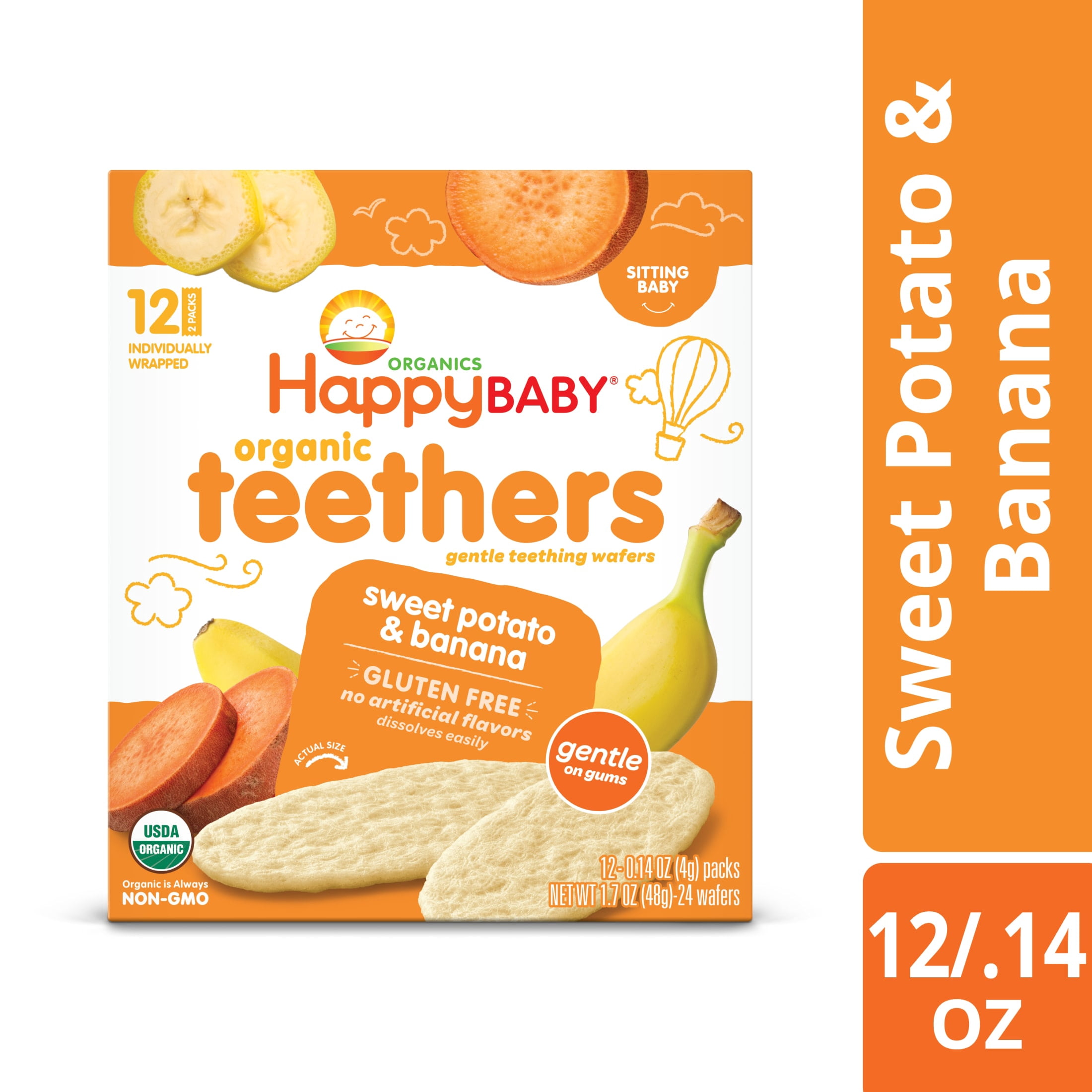 (2 pack) Happy Baby Organics Teethers, Sweet Potato & Banana Organic Gluten Free Gentle Teething Wafers, Box of 12-2packs (24 wafers)