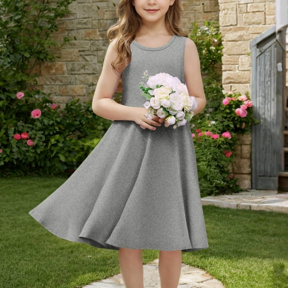 BRGZLK Girls Sleeveless Stretchy Dress Summer Trendy Solid Round Neck Swing A Line Dress School Recital Dance Dress with Pocket Gray 11-12 Years