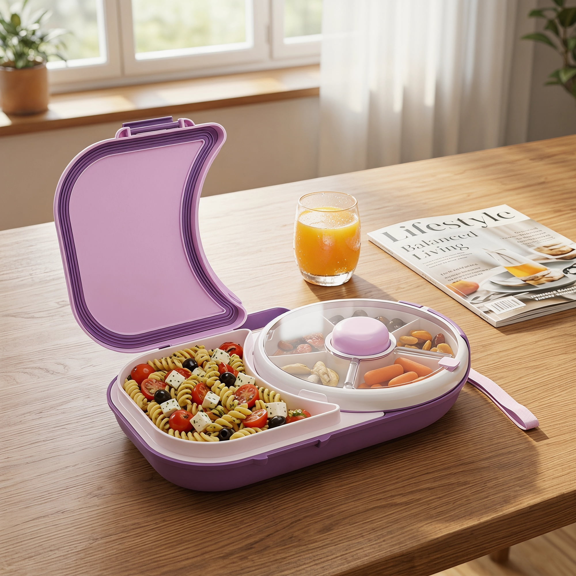 Unique Bargains Rotatable Divider Carry Strap Lunch Bento Box for Work Purple