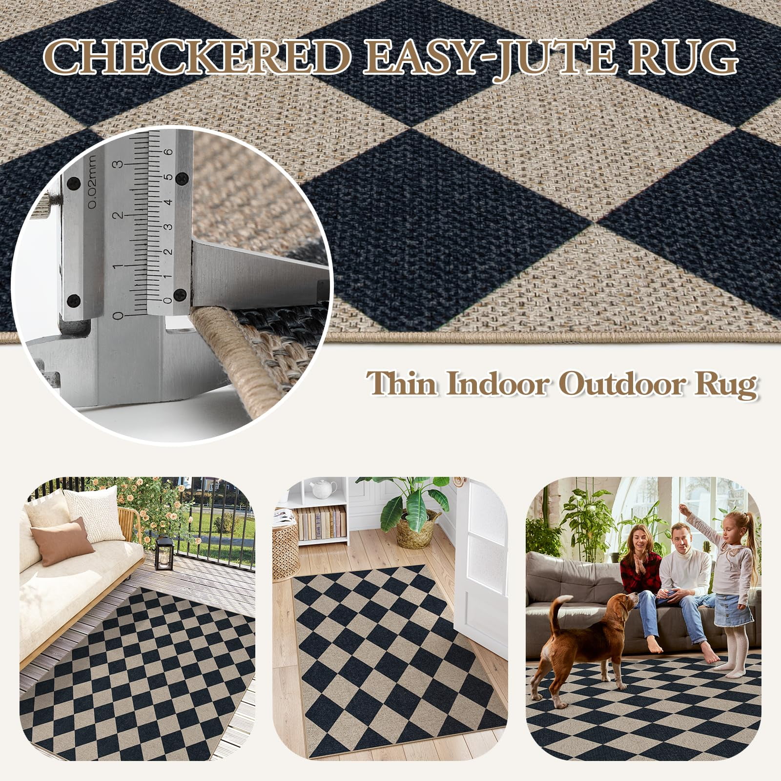SUNDEREY 2'x3' Easy Jute Area Rug, Washable Small Front Door Mat Rug for Entryway Non Slip, Modern Geometric Kitchen Mats for Floor, Checkered Indoor Carpet for Living Room Bathroom RV,Black