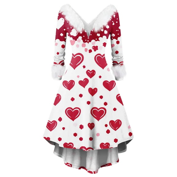 Valentines Day Cocktail Dress Long Sleeve Valentines Cocktail Dresses for Women Classy Faux Fur V Neck Heart Print Dresses Watermelon Red XL