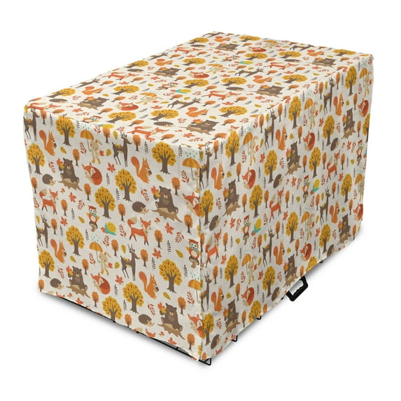 Squirrel Dog Crate Cover, Composition of Bear Fox Owl Deer Happy Forest Friends Animals Illustraiton, Easy to Use Pet Kennel Cover Small Dogs Puppies Kittens, 7 Sizes, Sepia and Apricot, by Ambesonne