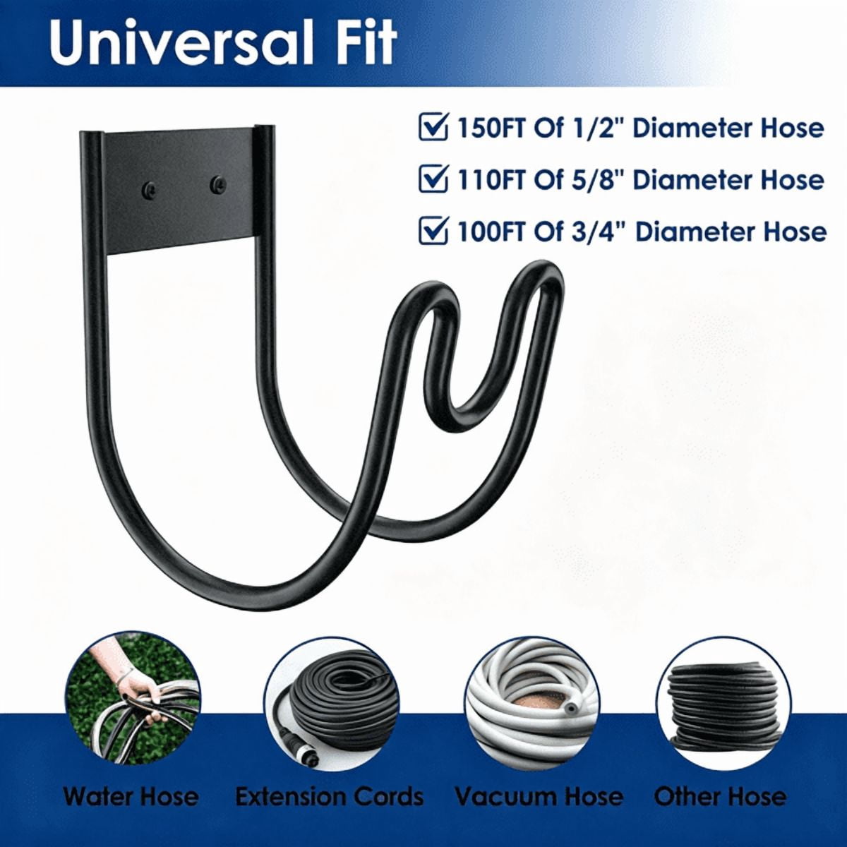 2PCS Wall Mount Garden Hose Holder, 304 Stainless Steel Hose Hanger with U‑Shaped Nozzle Slot, Holds Up to 150ft 1/2‑Inch Hose for Yard, Patio & Outdoor Organization