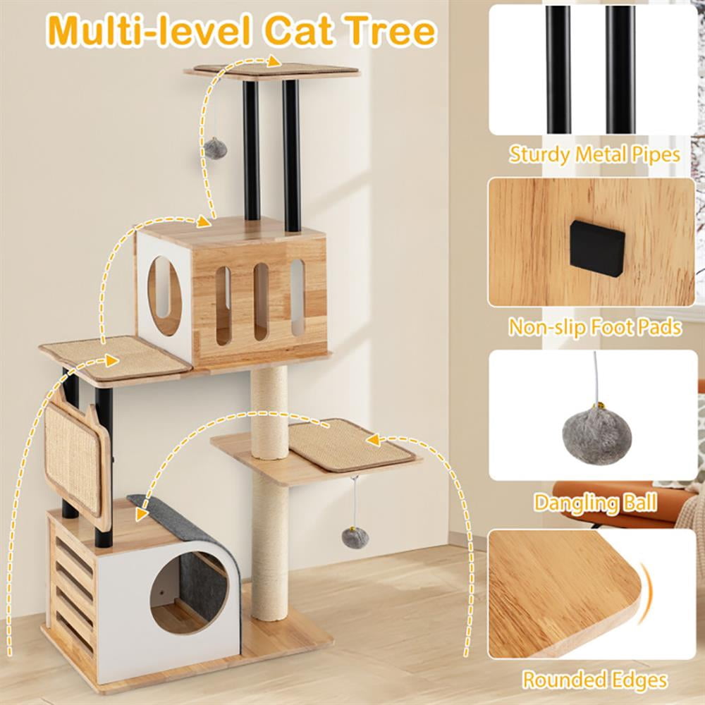 Resenkos Cat Scratching Tower,Cat Tree, Modern Tall Cat Tower with Double Condos with Dangling Balls and Sisal Carpets-Natural
