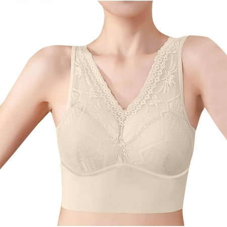Gnurob Women s Plus Size Bra Lace Wireless Bras Deep V Neck Brassiere Full Coverage Sheer Bralette Push Up Bralettes Hide Back Fat lingerie Crop Top Everydaywear Clearance Saving Beige X-Large
