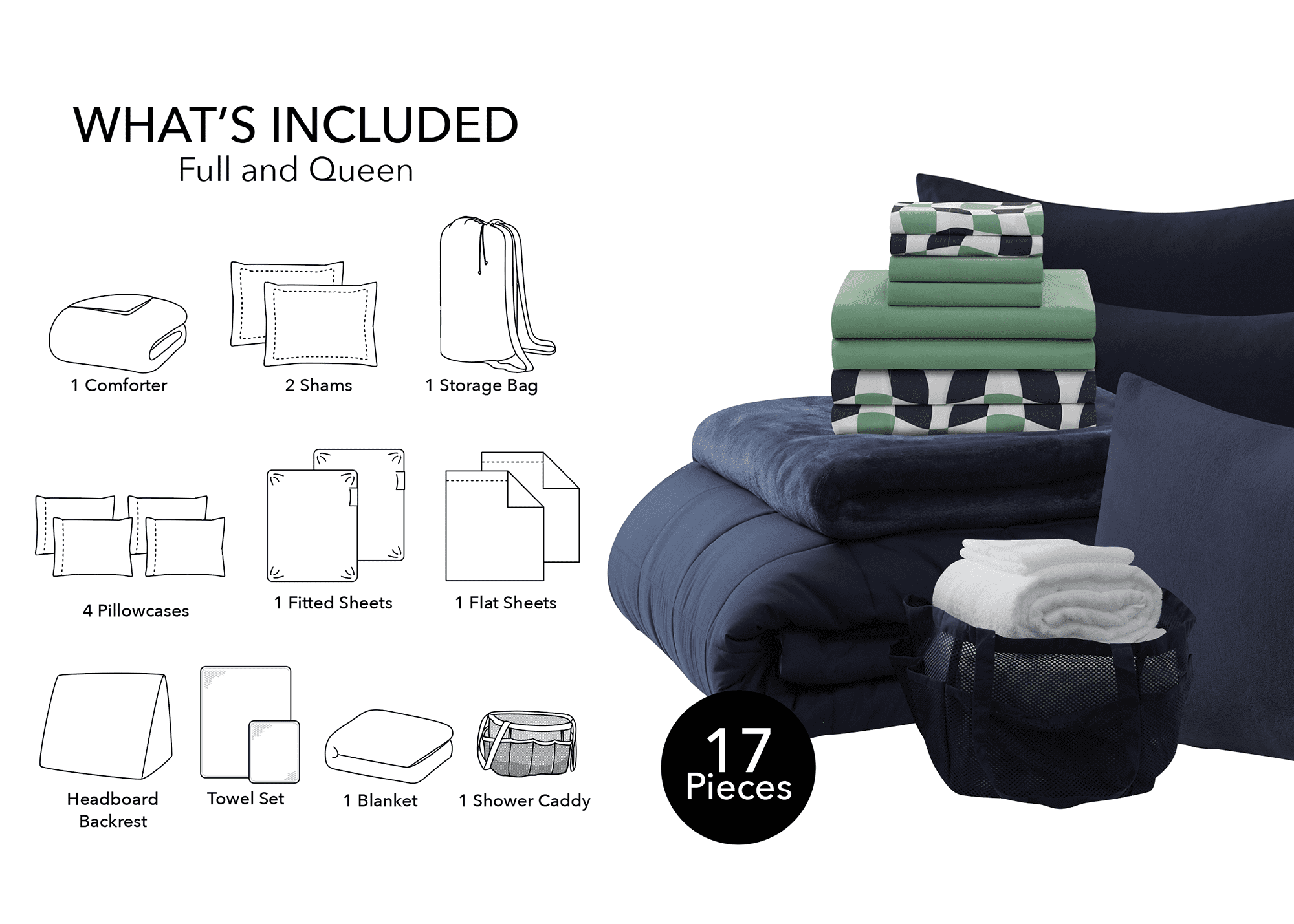 17pc College Dorm Essentials Bundle, Full, Reversible Bed in a Bag Comforter Set, Navy