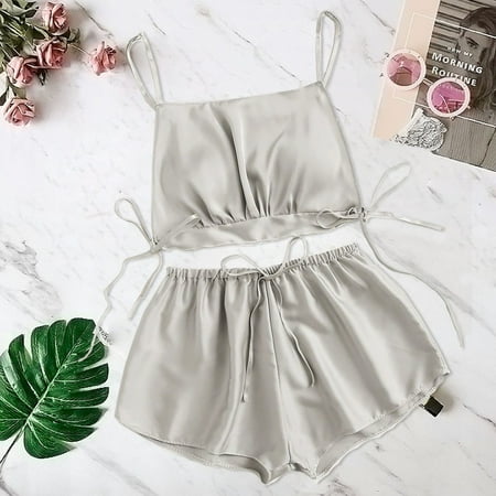 

Tangnade Plus Size Lingerie For Women Fashion Women Satin Silk Bowknot Camisole Shorts Set Sleepwear Pajamas Bandage Lingerie