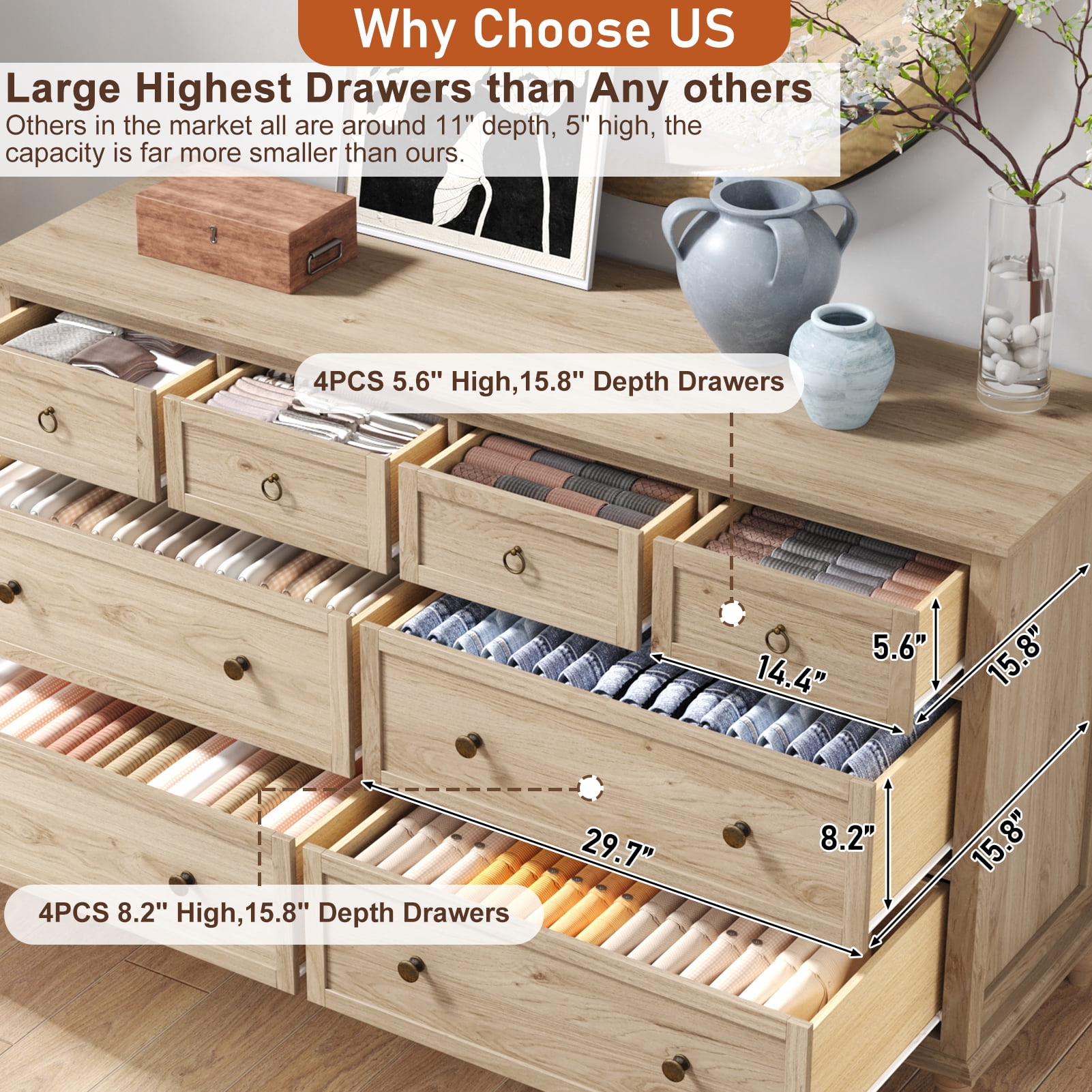 ChVans 65 inch Large Long Drawer Dresser, 8 Drawer Dresser for Bedroom, Modern Farmhouse Wood Wide Chest of Drawers, Storage Dressers for Bedroom, Living Room & Hallway