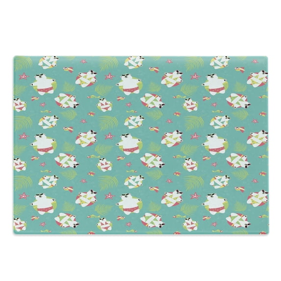 Summer Cutting Board, Sunbathing Polar Bears Cartoon Style Swimming Suit Wearing Animals Theme, Decorative Tempered Glass Cutting and Serving Board, Large Size, Multicolor, by Ambesonne