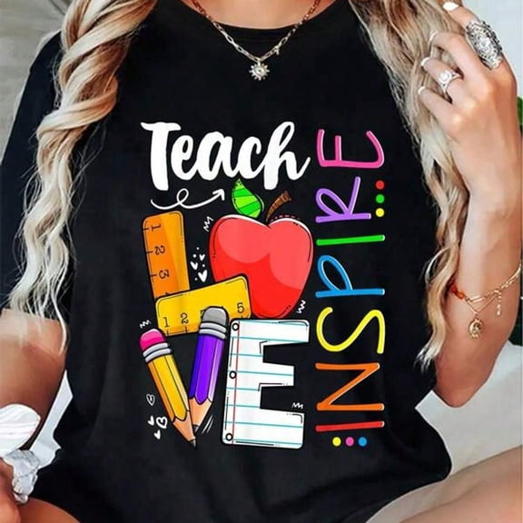 Teach Love Inspire Teacher T-Shirt, 100% Cotton Colorful School Apple Pencil Graphic Tee, Unisex Short Sleeve Crew Neck Educator Shirt, Back to School Teacher Appreciation Gift