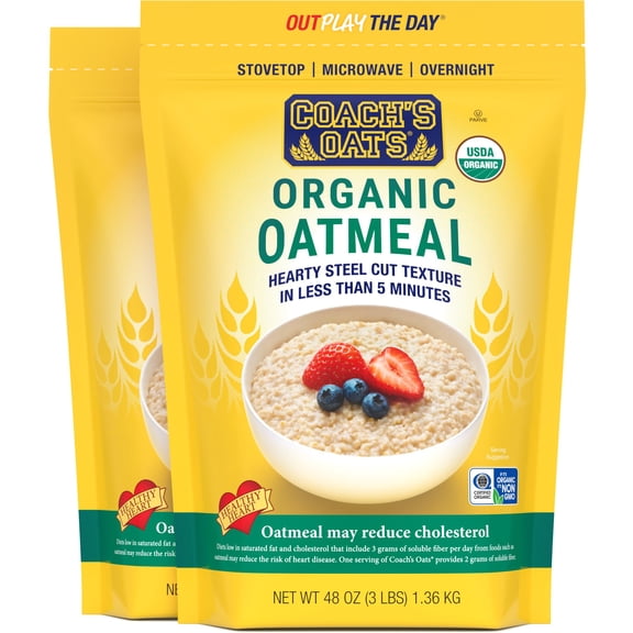 COACH'S OATS Organic Whole Grain Oatmeal (48 oz) Pack of 2 | Cracked n’ Toasted | Quick-Cooking, Steel Cut Texture | Heart-Healthy, Delicious Breakfast | Microwavable, Stovetop, Overnight Oatmeal