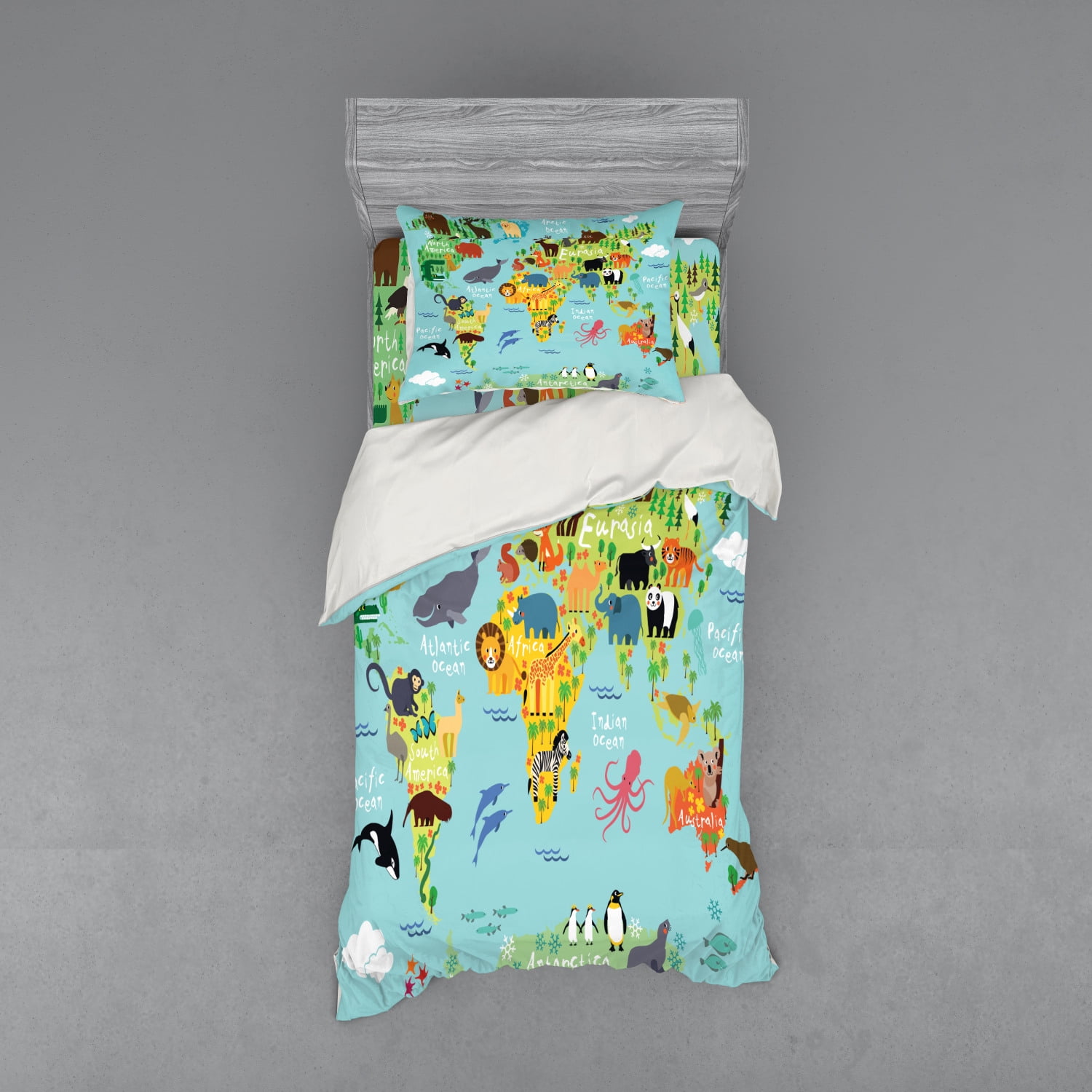 Ambesonne Cartoon Fitted Sheet Pillow Sham Set Bedding Decor in 4 Sizes
