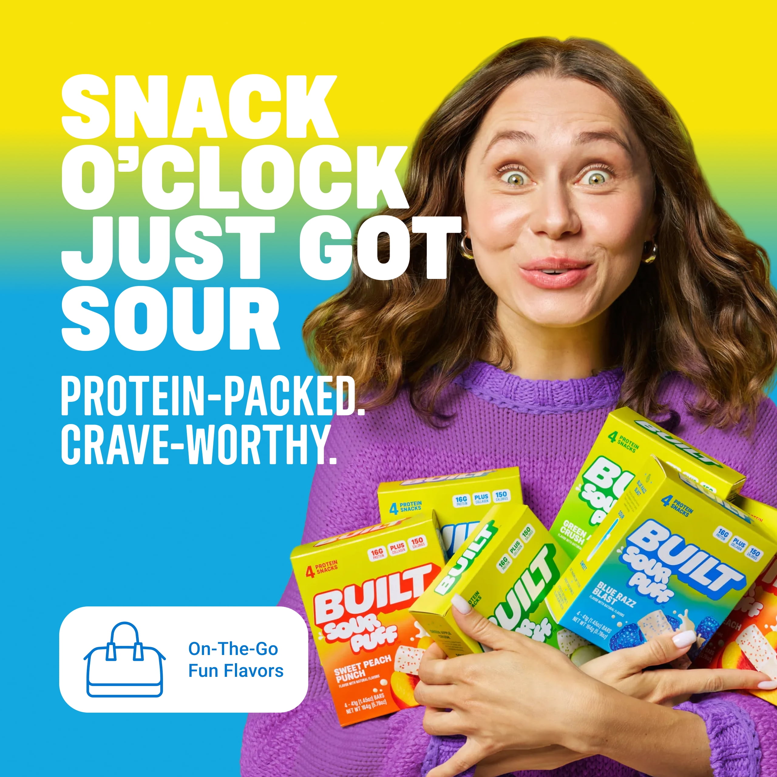 BUILT Bar Sour Puff Protein Bars, Blue Razz Blast, Gluten Free, Sour Candy Snacks - 12ct