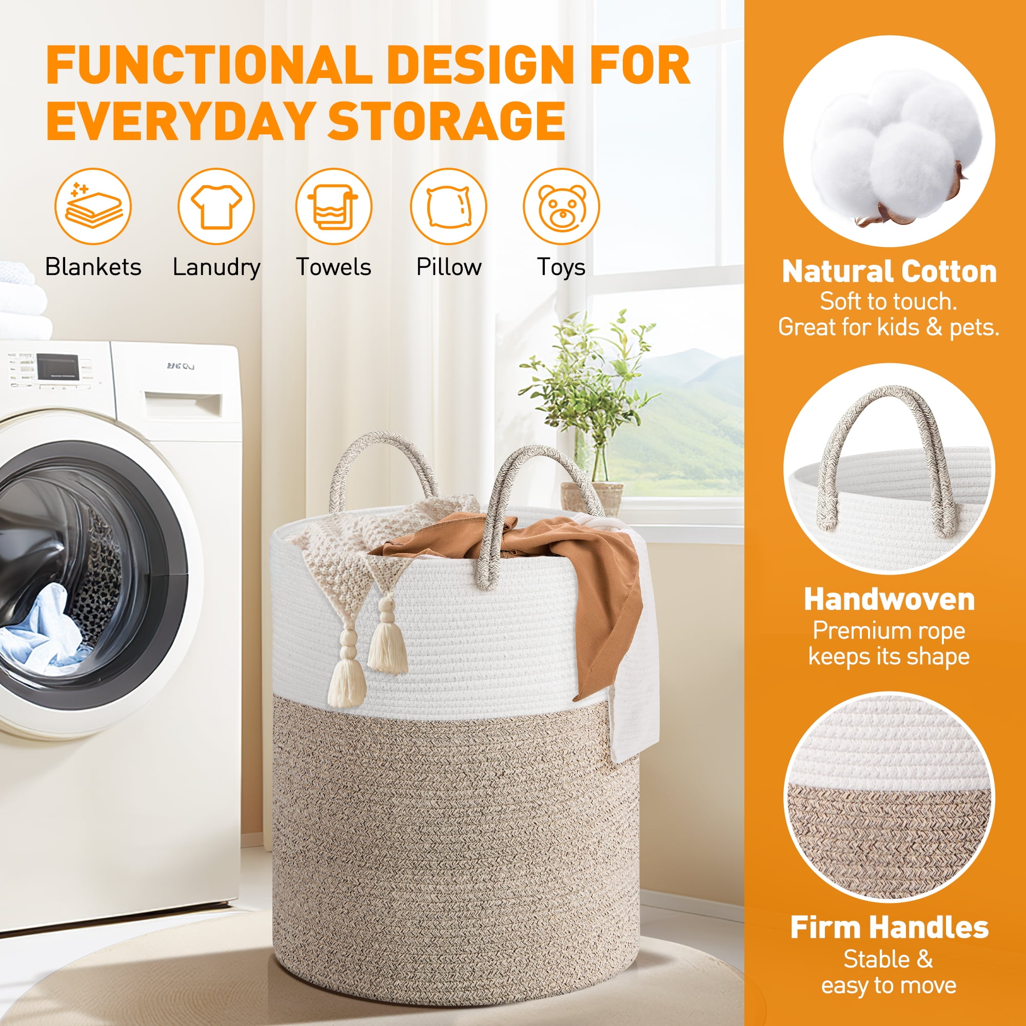 Large Cotton Rope Basket, 15"x15"x20"(58L) Woven Baby Laundry Blanket Basket, Toy Basket with Handle, Laundry Hamper for Storage, Blanket Basket for Living Room, Laundry, Nursery(Brown&White)